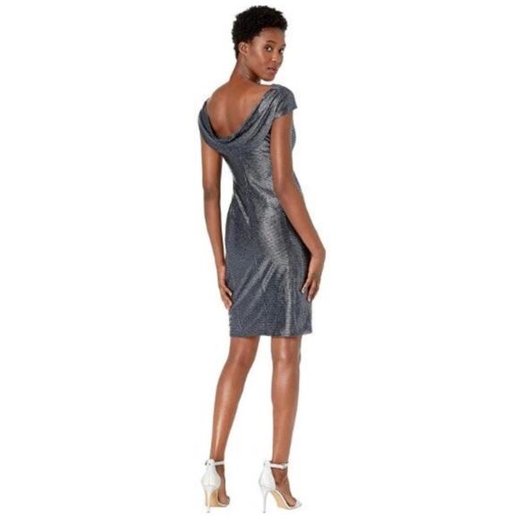 Tahari Draped Cowl Neck Metallic Blue/black Cocktail Dress Woman's Size 14 - Picture 9 of 10